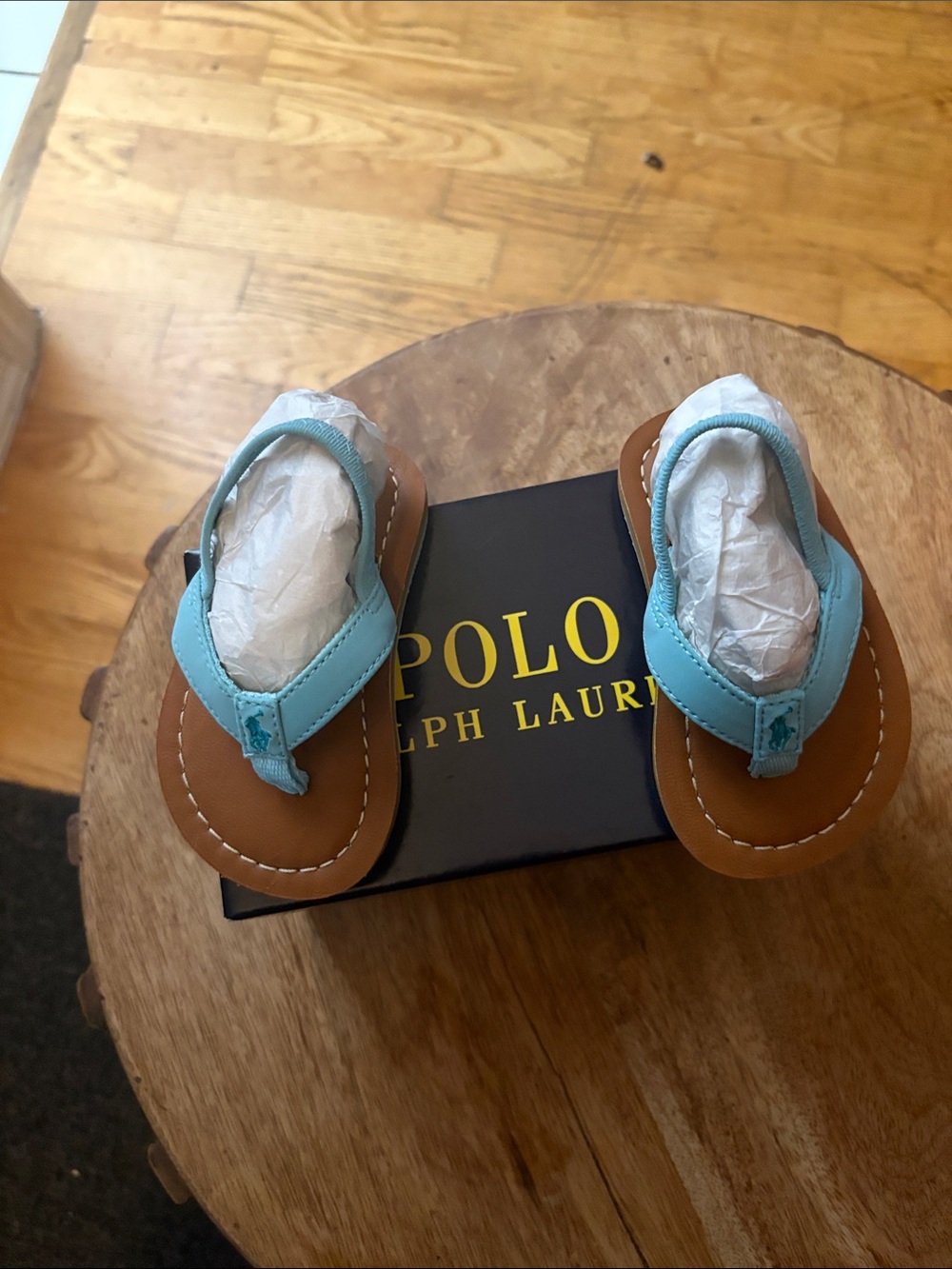 Polo by Ralph Lauren Toddler Aqua Leather Flip-Flops with Tan Footbed